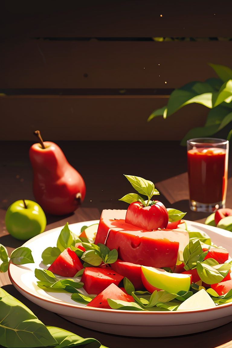 391190-3547624970-_lora_meishi_0.9_,no humans,food,food focus,blurry,still life,vegetable,plate,depth of field,leaf,fruit,tomatoes, pear ,apple, w.png